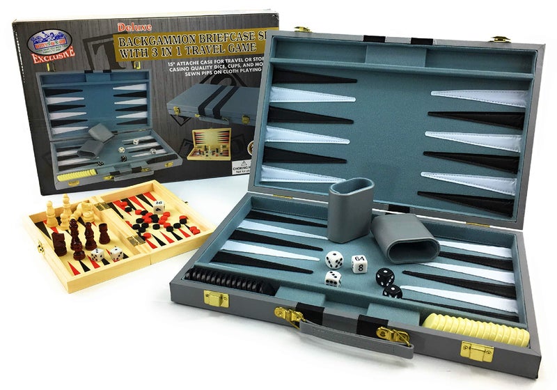 Matty's Toy Stop Deluxe 15" Backgammon Briefcase (Vinyl Gray Attache) with 3-in-1 Chess, Checkers & Backgammon Wooden Travel Games Set (8") - Image 1